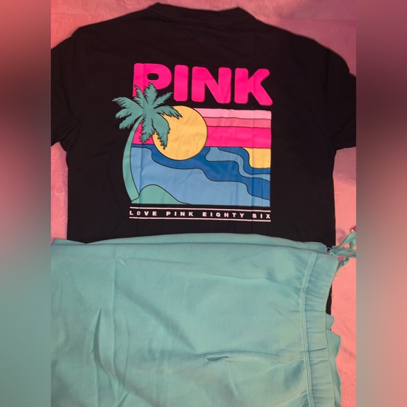 Victoria’s Secret PINK SET Teal Ice Heritage Sweatpants & Tropical Campus Tee - Picture 13 of 16